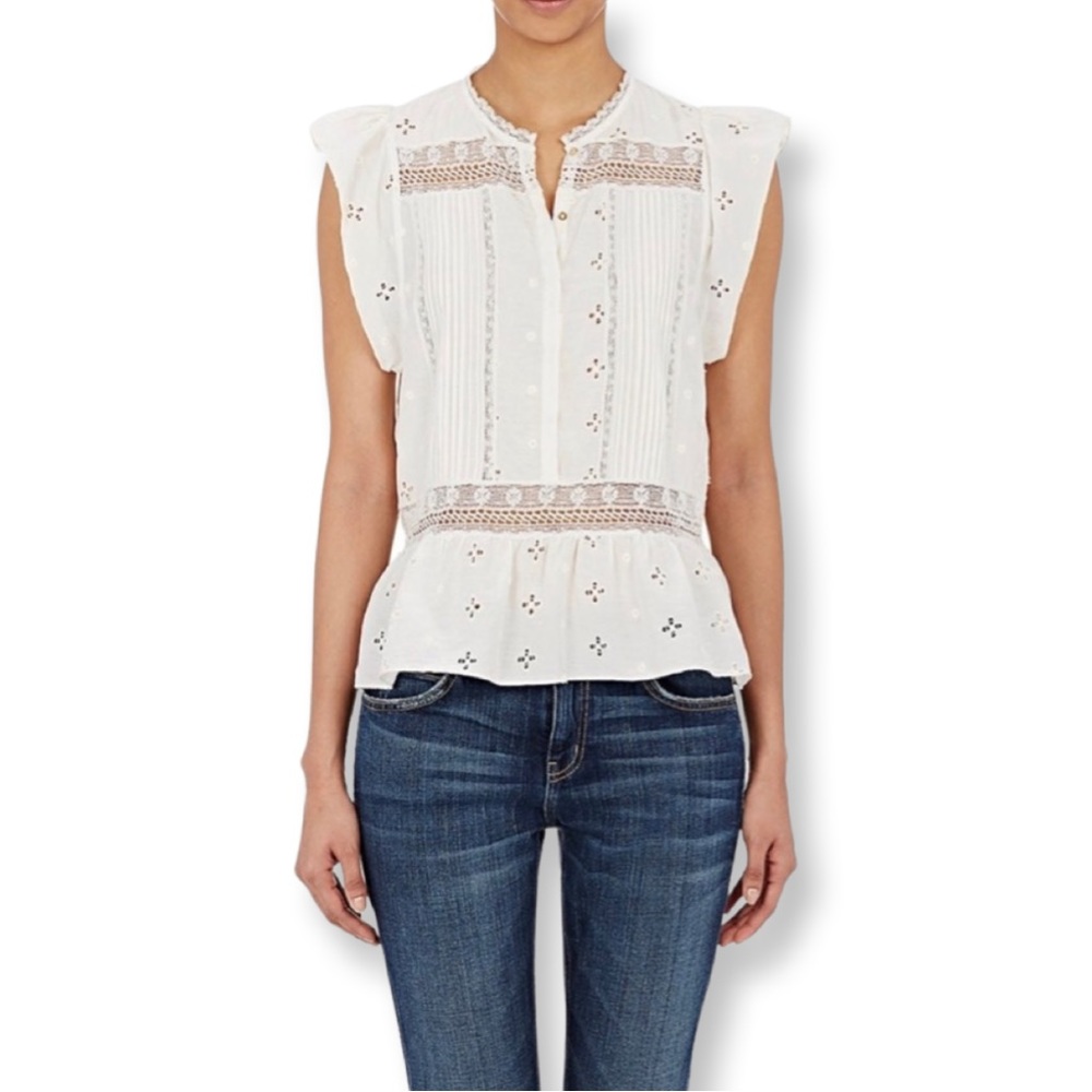 ULLA JOHNSON Oksana Lace Eyelet Embroidered Peplum Flutter Sleeve Blouse